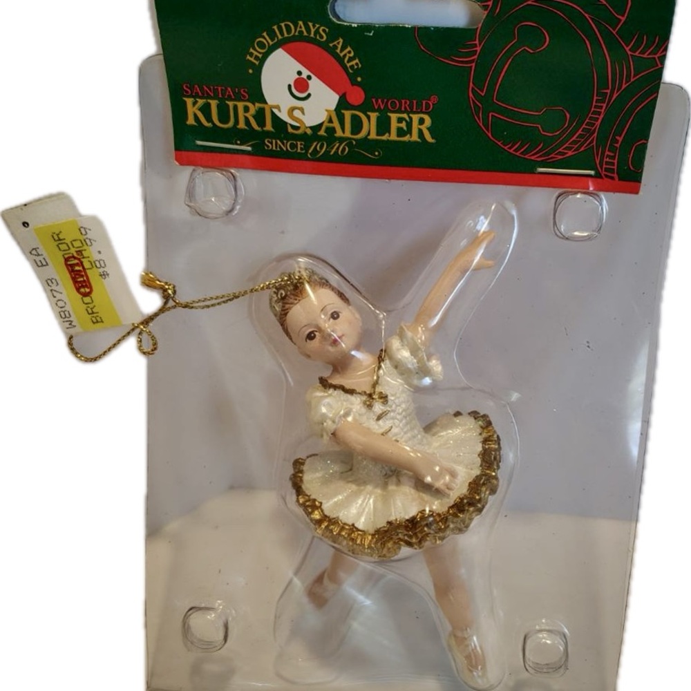 NIB Kurt Adler Ballerina Christmas Ornament Girl Brown Hair Gold Crown Sealed